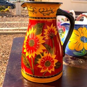 Pier 1 Imports Sunflower 72 Oz Pitcher Hand Painted Terracotta Red/Gold
